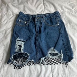 Denim mini with fishnet trim